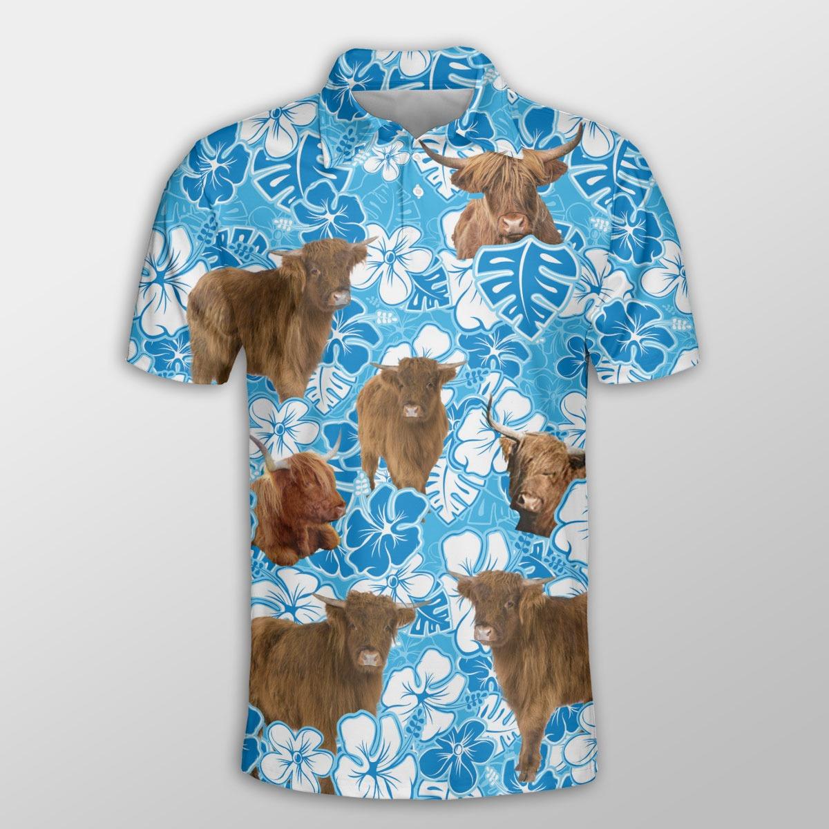 Highland Cattle Men Polo Shirts - Highland Cattle Blue Floral Pattern Button Shirt For Men - Perfect Gift For Highland Cattle Lovers - Amzanimalsgift