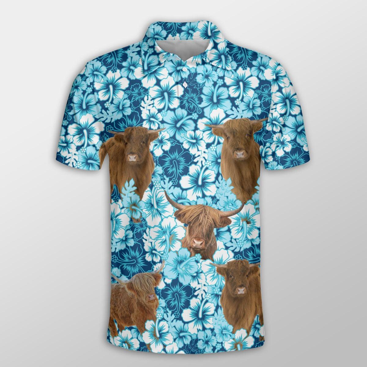 Highland Cattle Men Polo Shirts - Highland Cattle Blue Hibiscus Pattern Button Shirt For Men - Perfect Gift For Highland Cattle Lovers - Amzanimalsgift