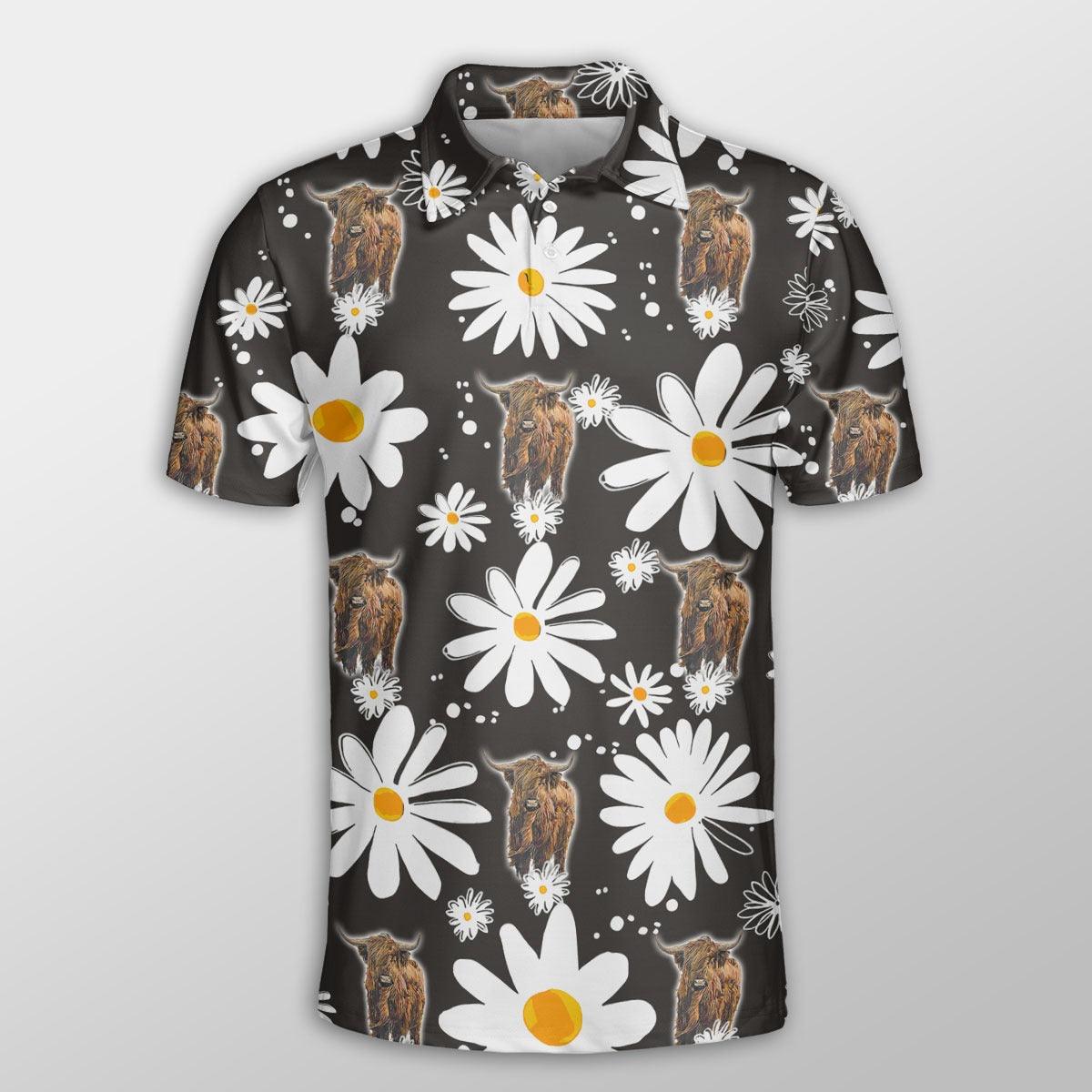 Highland Cattle Men Polo Shirts - Highland Cattle Daisy Flower Pattern Button Shirt For Men - Perfect Gift For Highland Cattle Lovers - Amzanimalsgift