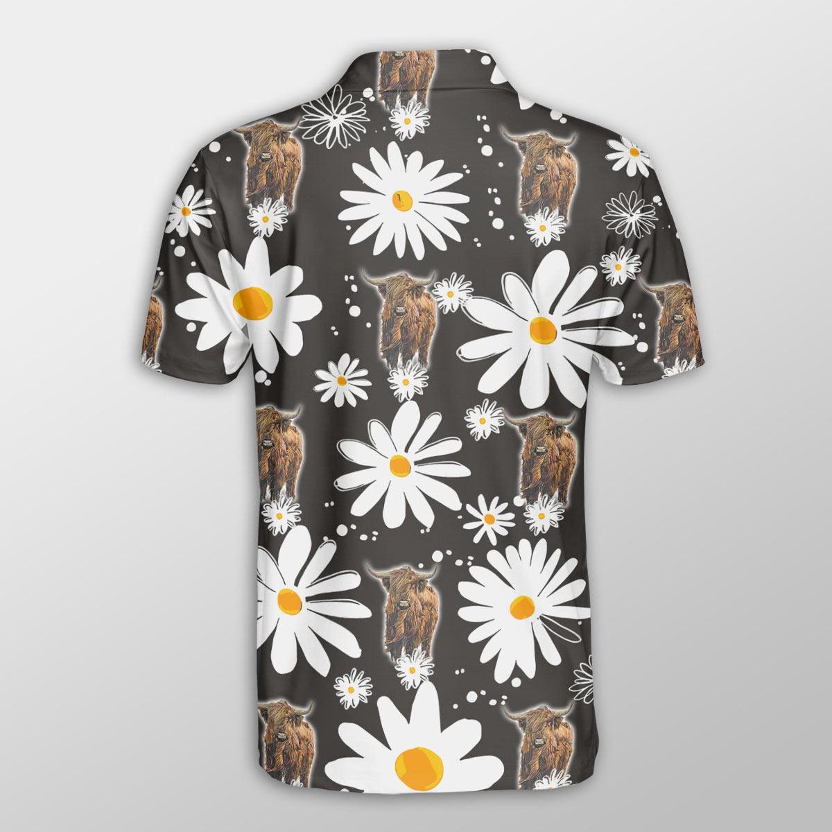 Highland Cattle Men Polo Shirts - Highland Cattle Daisy Flower Pattern Button Shirt For Men - Perfect Gift For Highland Cattle Lovers - Amzanimalsgift