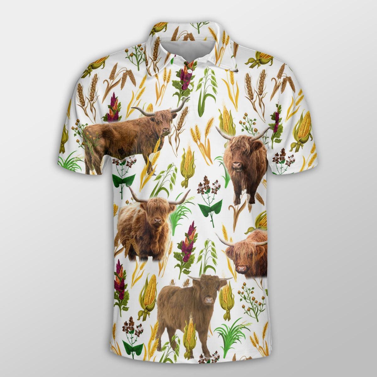 Highland Cattle Men Polo Shirts - Highland Cattle Farm Wheat Pattern Button Shirt For Men - Perfect Gift For Highland Cattle Lovers - Amzanimalsgift