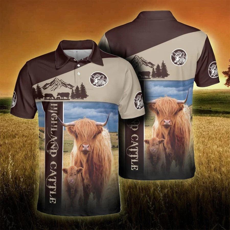 Highland Cattle Men Polo Shirts - Highland Cattle Proud Farmer Polo Shirt For Men - Perfect Gift For Highland Cattle Lovers - Amzanimalsgift