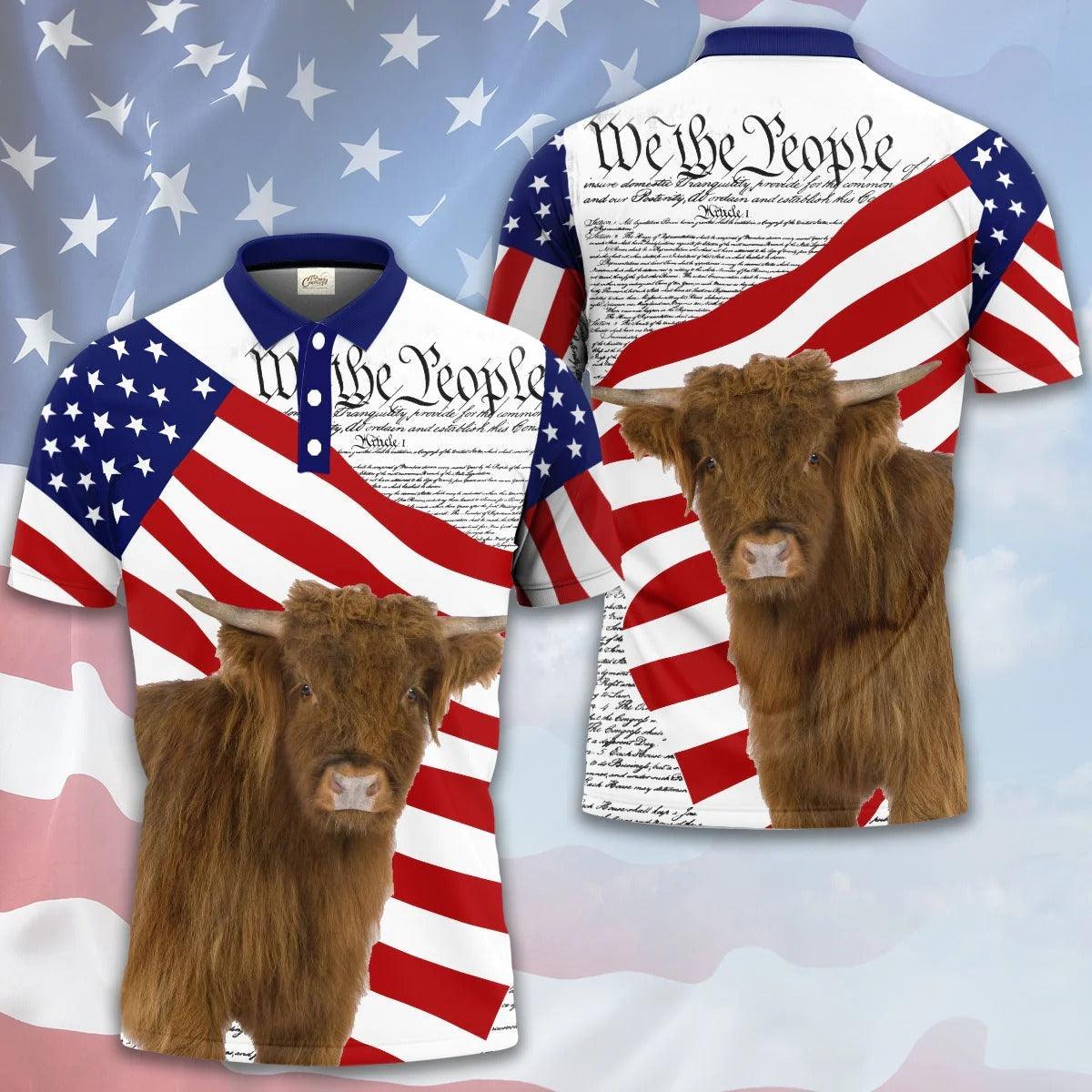 Highland Cattle Men Polo Shirts - Highland Cattle States Of America Polo Shirt For Men - Perfect Gift For Highland Cattle Lovers - Amzanimalsgift