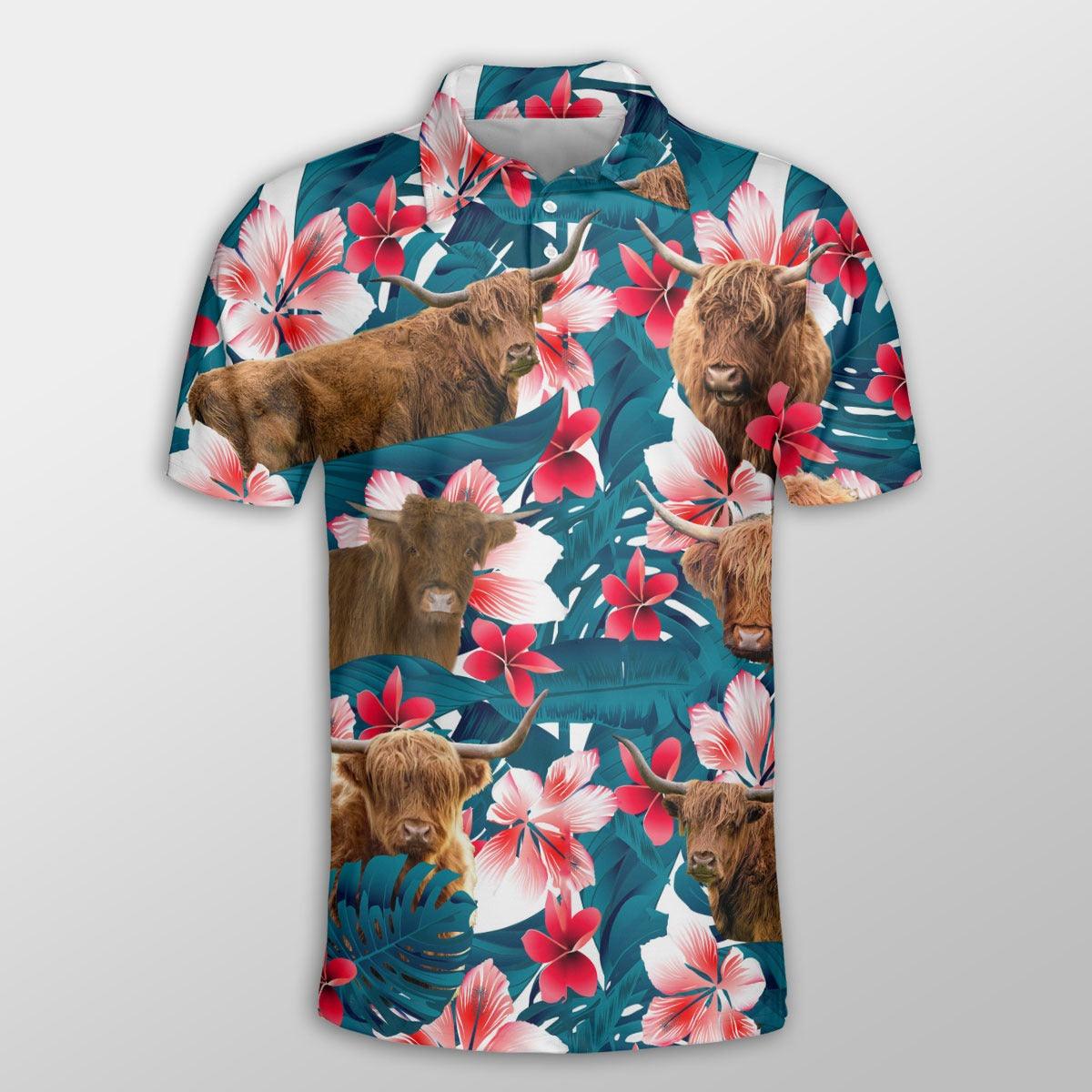 Highland Cattle Men Polo Shirts - Highland Cattle Tropical Floral Pattern Farm Lovers Button Shirt For Men - Perfect Gift For Highland Cattle Lovers - Amzanimalsgift