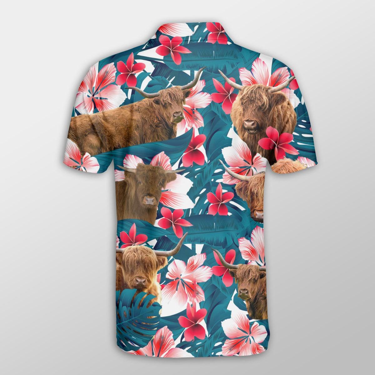 Highland Cattle Men Polo Shirts - Highland Cattle Tropical Floral Pattern Farm Lovers Button Shirt For Men - Perfect Gift For Highland Cattle Lovers - Amzanimalsgift