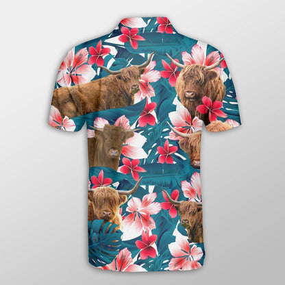 Highland Cattle Men Polo Shirts - Highland Cattle Tropical Floral Pattern Farm Lovers Button Shirt For Men - Perfect Gift For Highland Cattle Lovers - Amzanimalsgift