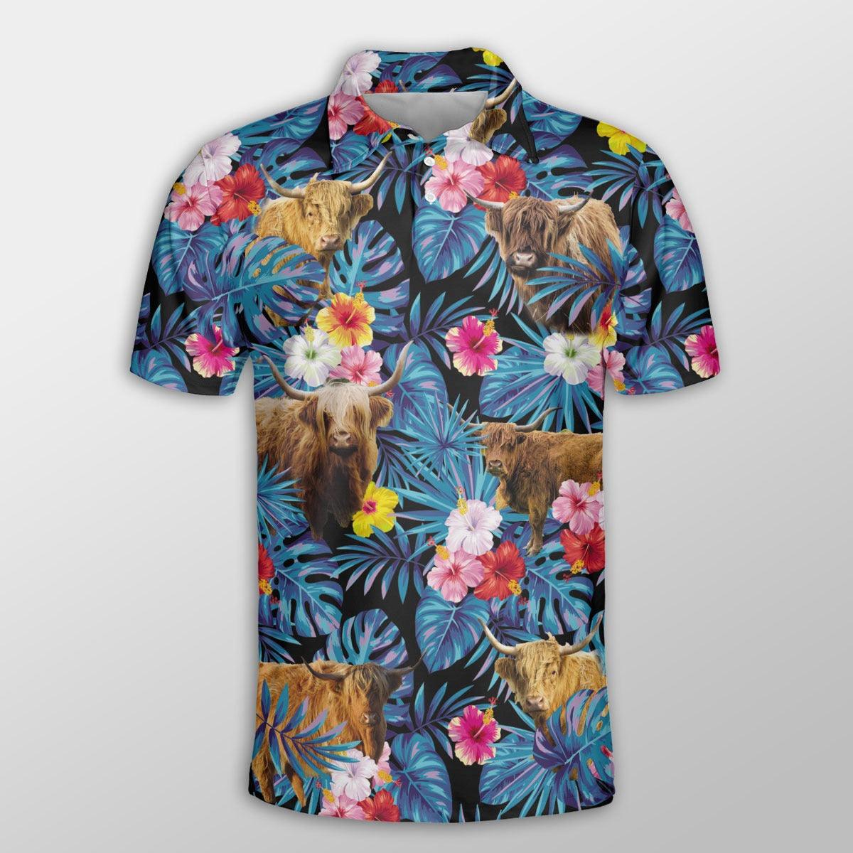 Highland Cattle Men Polo Shirts - Highland Cattle Tropical Flowers Leaves Pattern Button Shirt For Men - Perfect Gift For Highland Cattle Lovers - Amzanimalsgift