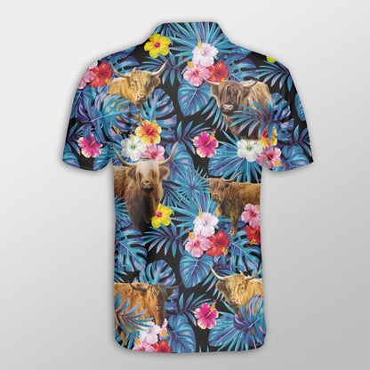 Highland Cattle Men Polo Shirts - Highland Cattle Tropical Flowers Leaves Pattern Button Shirt For Men - Perfect Gift For Highland Cattle Lovers - Amzanimalsgift