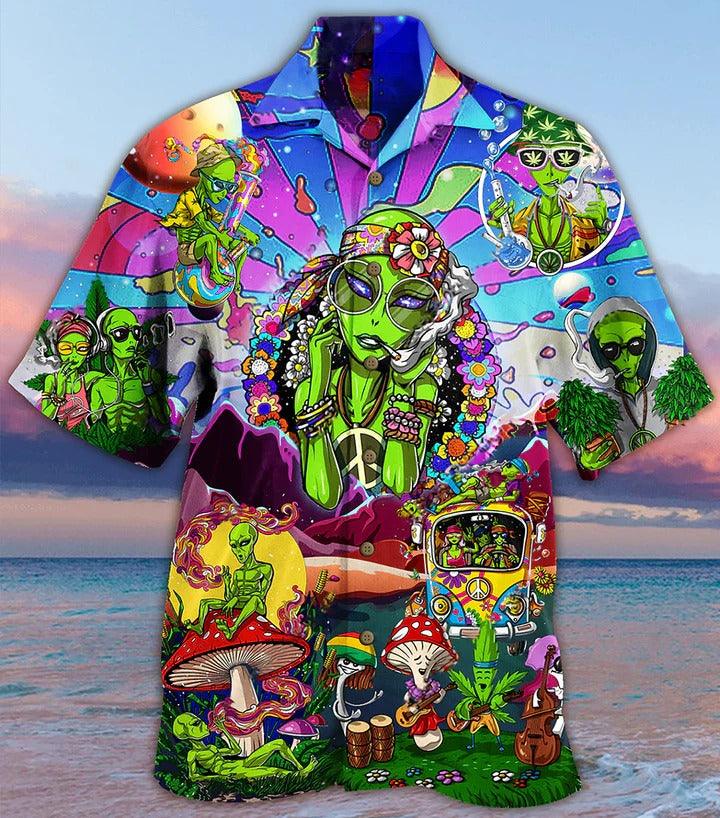Hippie Aloha Hawaiian Shirt - Hippie Alien Peace Life Color Hawaiian Shirt For Summer - Perfect Gift For Friend, Family - Amzanimalsgift