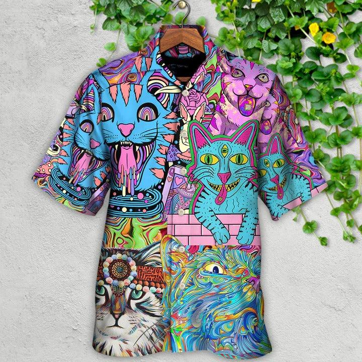 Hippie Aloha Hawaiian Shirt - Hippie Cat Wonderful World Hawaiian Shirt For Summer - Perfect Gift For Friend, Family - Amzanimalsgift