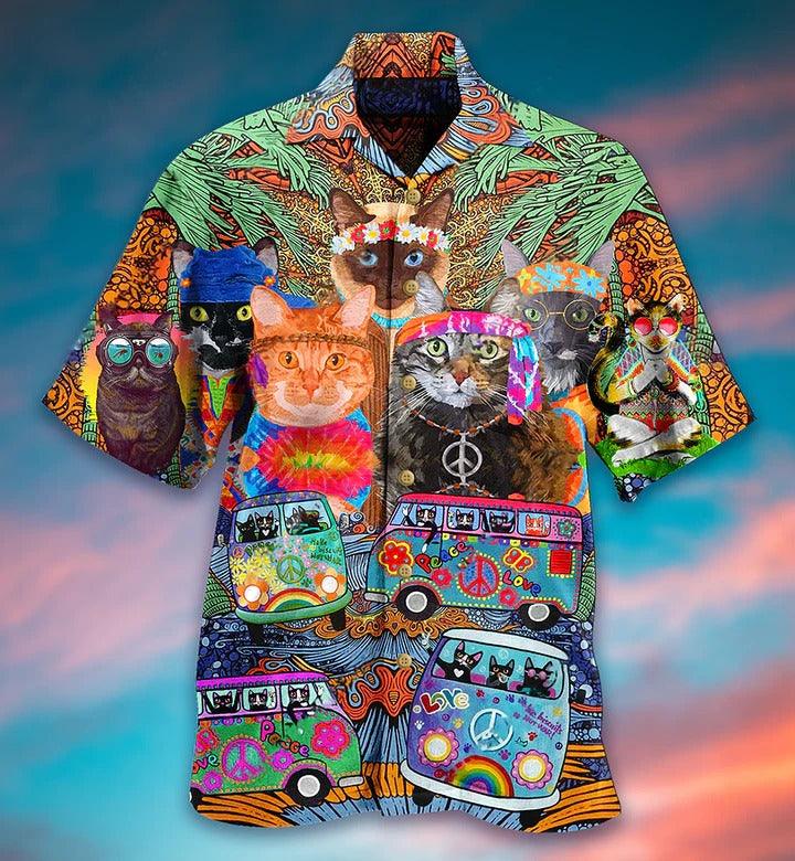 Hippie Aloha Hawaiian Shirt - Hippie Cats Peace Love Life Color Hawaiian Shirt For Summer - Perfect Gift For Friend, Family - Amzanimalsgift