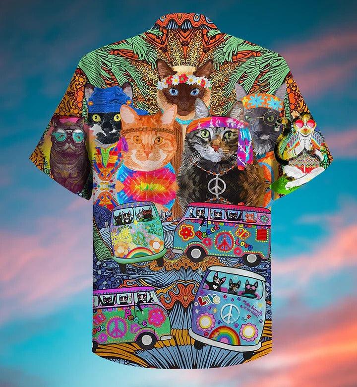 Hippie Aloha Hawaiian Shirt - Hippie Cats Peace Love Life Color Hawaiian Shirt For Summer - Perfect Gift For Friend, Family - Amzanimalsgift