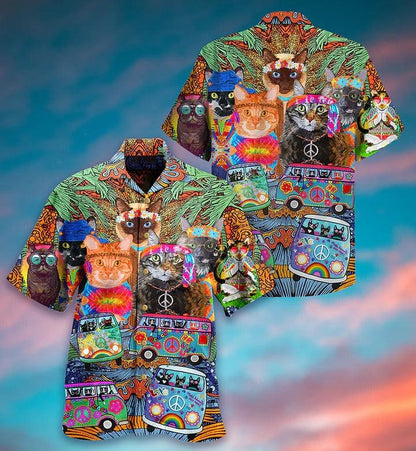 Hippie Aloha Hawaiian Shirt - Hippie Cats Peace Love Life Color Hawaiian Shirt For Summer - Perfect Gift For Friend, Family - Amzanimalsgift