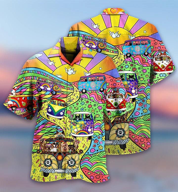 Hippie Aloha Hawaiian Shirt - Hippie Dogs And Cats Bus Hawaiian Shirt For Summer - Perfect Gift For Friend, Family - Amzanimalsgift