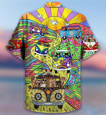 Hippie Aloha Hawaiian Shirt - Hippie Dogs And Cats Bus Hawaiian Shirt For Summer - Perfect Gift For Friend, Family - Amzanimalsgift