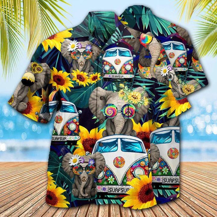 Hippie Aloha Hawaiian Shirt - Hippie Elephant Wonderful Camping Hawaiian Shirt For Summer - Perfect Gift For Friend, Family - Amzanimalsgift