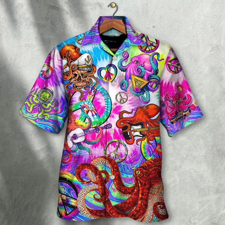 Hippie Aloha Hawaiian Shirt - Hippie Funny Octopus Colorful Happy Tie Dye Art Style Hawaiian Shirt For Summer - Perfect Gift For Friend, Family - Amzanimalsgift