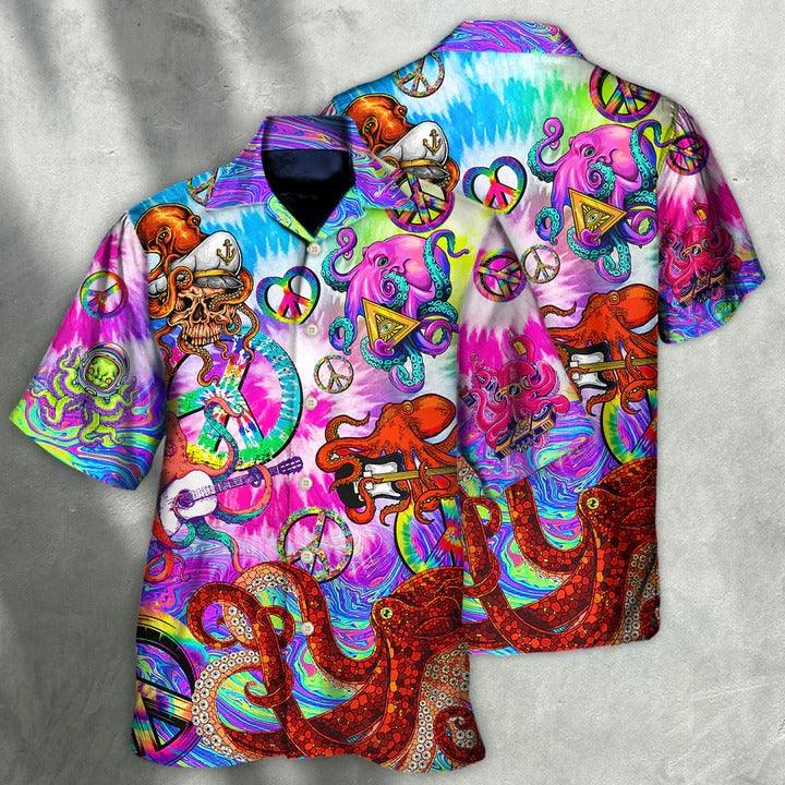 Hippie Aloha Hawaiian Shirt - Hippie Funny Octopus Colorful Happy Tie Dye Art Style Hawaiian Shirt For Summer - Perfect Gift For Friend, Family - Amzanimalsgift