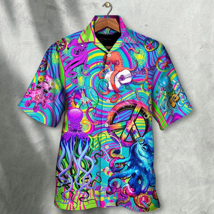 Hippie Aloha Hawaiian Shirt - Hippie Funny Octopus Colorful Tie Dye Art Style Hawaiian Shirt For Summer - Perfect Gift For Friend, Family - Amzanimalsgift