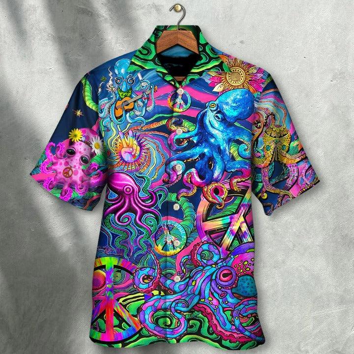 Hippie Aloha Hawaiian Shirt - Hippie Funny Octopus Colorful Tie Dye Style Hawaiian Shirt For Summer - Perfect Gift For Friend, Family - Amzanimalsgift