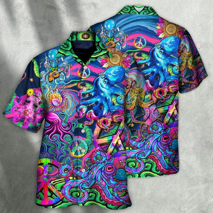 Hippie Aloha Hawaiian Shirt - Hippie Funny Octopus Colorful Tie Dye Style Hawaiian Shirt For Summer - Perfect Gift For Friend, Family - Amzanimalsgift
