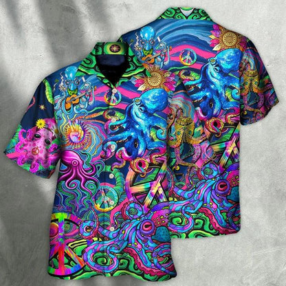 Hippie Aloha Hawaiian Shirt - Hippie Funny Octopus Colorful Tie Dye Style Hawaiian Shirt For Summer - Perfect Gift For Friend, Family - Amzanimalsgift