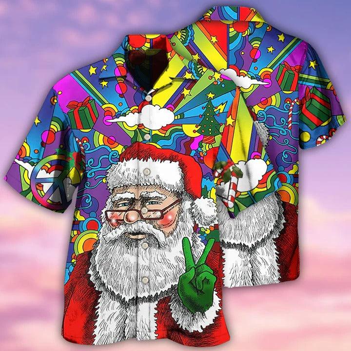 Hippie Aloha Hawaiian Shirt - Hippie Funny Santa Claus Christmas Hawaiian Shirt For Summer - Perfect Gift For Friend, Family - Amzanimalsgift