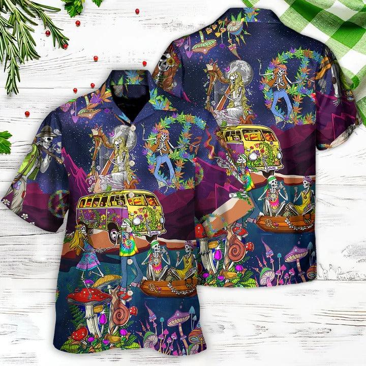 Hippie Aloha Hawaiian Shirt - Hippie Funny Skull Dancing Moon Night Amazing Style Hawaiian Shirt For Summer - Perfect Gift For Friend, Family - Amzanimalsgift