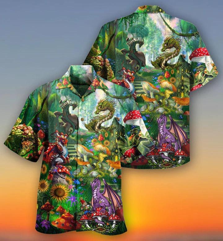 Hippie Aloha Hawaiian Shirt - Hippie Magic World Mushrooms Dragon Hawaiian Shirt For Summer - Perfect Gift For Friend, Family - Amzanimalsgift