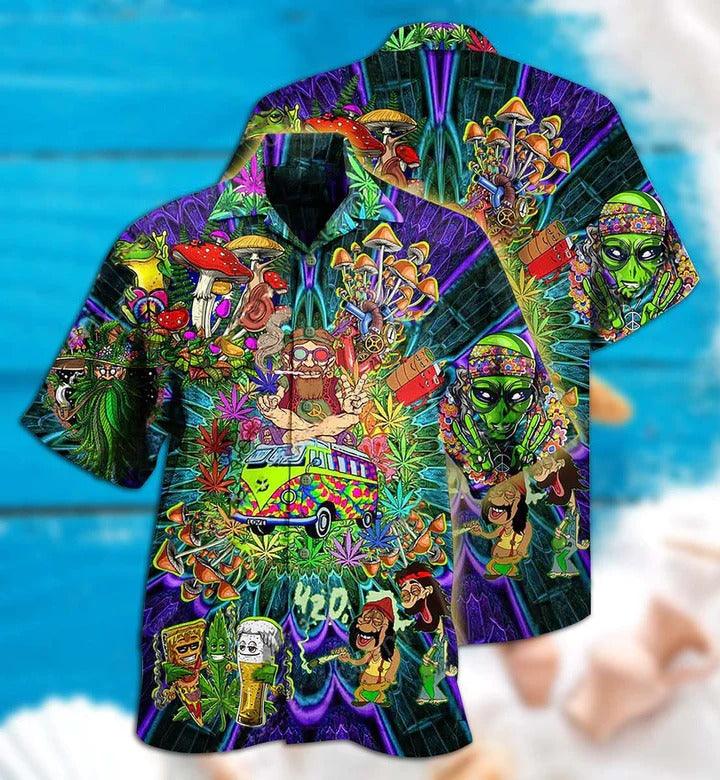 Hippie Aloha Hawaiian Shirt - Hippie Mushroom Alien Bus Everything Funny Style Hawaiian Shirt For Summer - Perfect Gift For Friend, Family - Amzanimalsgift