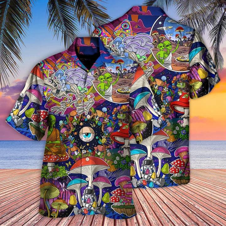 Hippie Aloha Hawaiian Shirt - Hippie Mushroom Aliens Stay Hippie Colorful Art Hawaiian Shirt For Summer - Perfect Gift For Friend, Family - Amzanimalsgift