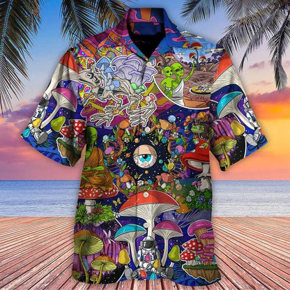 Hippie Aloha Hawaiian Shirt - Hippie Mushroom Aliens Stay Hippie Colorful Art Hawaiian Shirt For Summer - Perfect Gift For Friend, Family - Amzanimalsgift