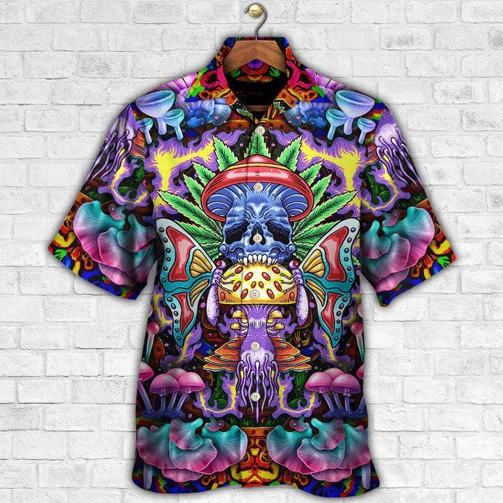 Hippie Aloha Hawaiian Shirt - Hippie Mushroom And Skull Art Hawaiian Shirt For Summer - Perfect Gift For Friend, Family - Amzanimalsgift