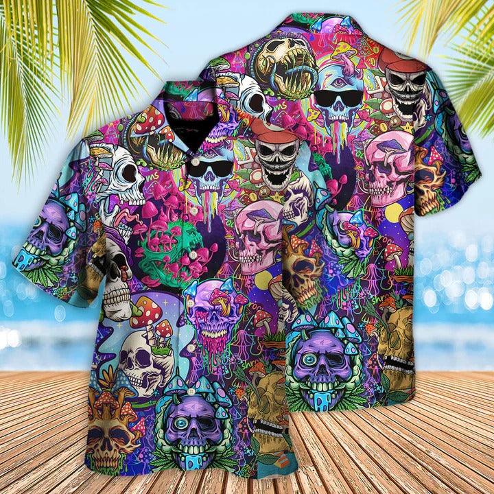 Hippie Aloha Hawaiian Shirt - Hippie Mushroom And Skull Colorful Art Hawaiian Shirt For Summer - Perfect Gift For Friend, Family - Amzanimalsgift