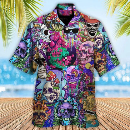 Hippie Aloha Hawaiian Shirt - Hippie Mushroom And Skull Colorful Art Hawaiian Shirt For Summer - Perfect Gift For Friend, Family - Amzanimalsgift