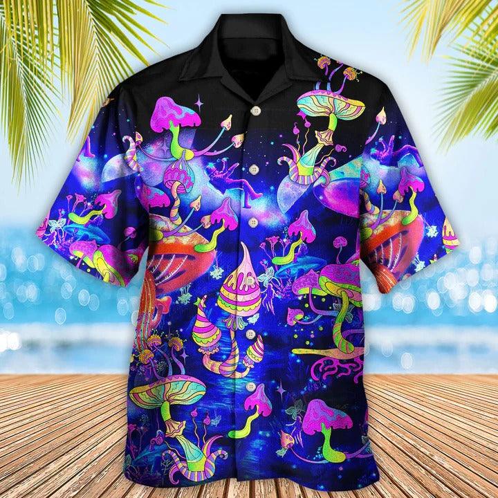 Hippie Aloha Hawaiian Shirt - Hippie Mushroom Galaxy Neon Colorful Art Hawaiian Shirt For Summer - Perfect Gift For Friend, Family - Amzanimalsgift