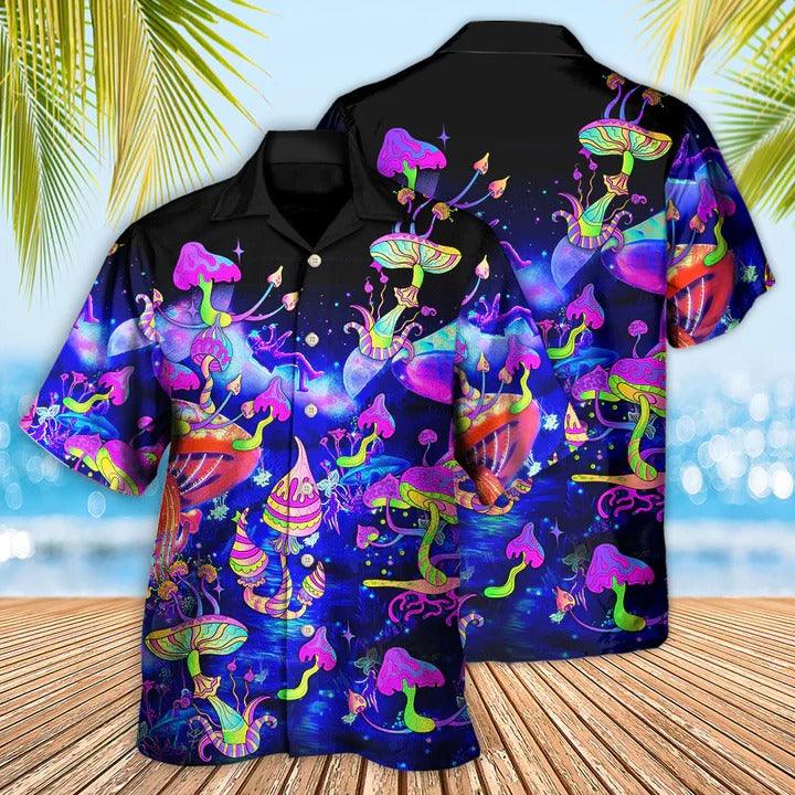 Hippie Aloha Hawaiian Shirt - Hippie Mushroom Galaxy Neon Colorful Art Hawaiian Shirt For Summer - Perfect Gift For Friend, Family - Amzanimalsgift