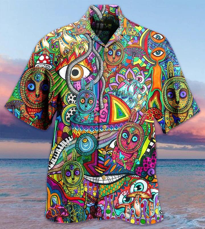 Hippie Aloha Hawaiian Shirt - Hippie Mushroom Mix Peace Life Color Hawaiian Shirt For Summer - Perfect Gift For Friend, Family - Amzanimalsgift