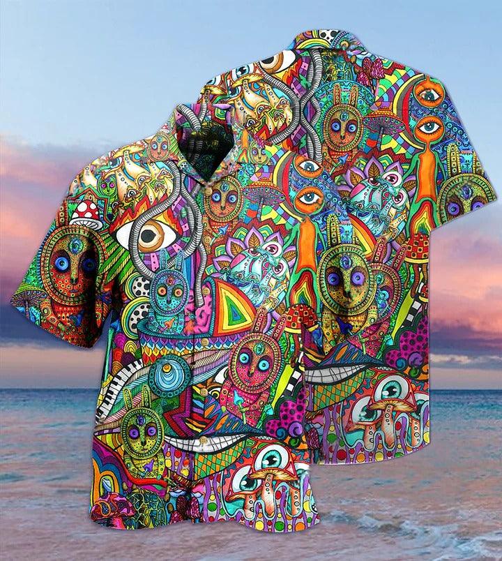 Hippie Aloha Hawaiian Shirt - Hippie Mushroom Mix Peace Life Color Hawaiian Shirt For Summer - Perfect Gift For Friend, Family - Amzanimalsgift