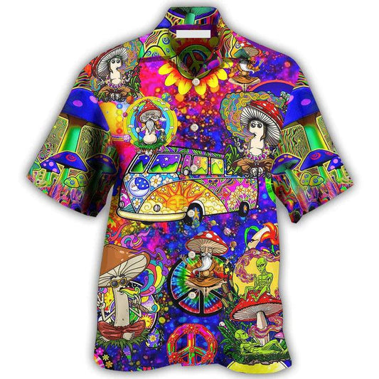 Hippie Aloha Hawaiian Shirt - Hippie Mushroom Peace Funny Hawaiian Shirt For Summer - Perfect Gift For Friend, Family - Amzanimalsgift