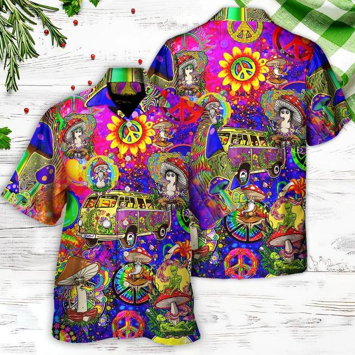 Hippie Aloha Hawaiian Shirt - Hippie Mushroom Peace Life Be Hippie Amazing Style Hawaiian Shirt For Summer - Perfect Gift For Friend, Family - Amzanimalsgift