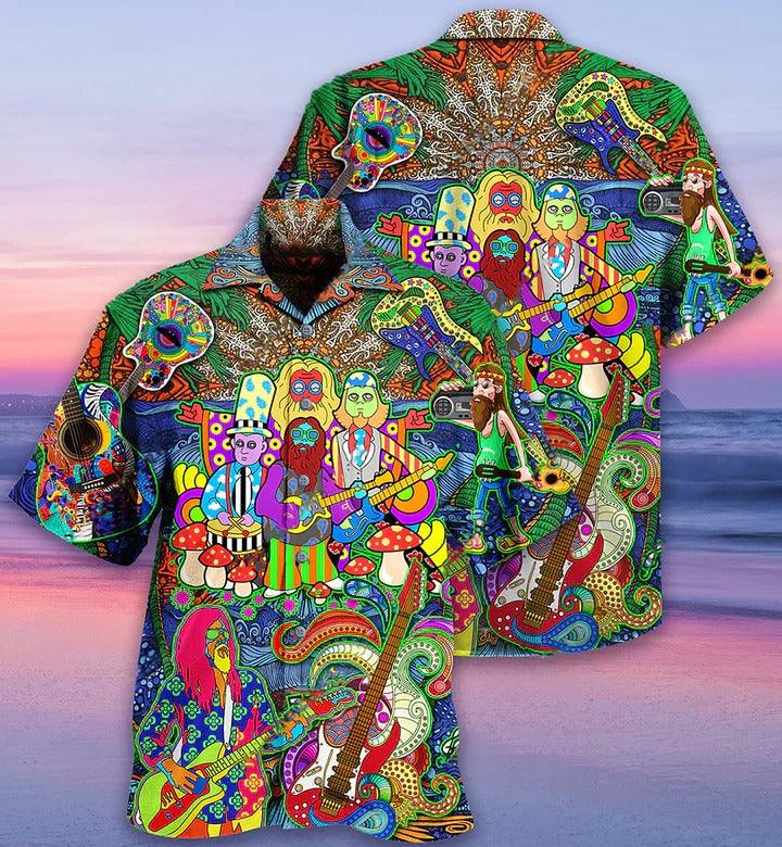 Hippie Aloha Hawaiian Shirt - Hippie Music Electric Guitar Colorful Style Hawaiian Shirt For Summer - Perfect Gift For Friend, Family - Amzanimalsgift