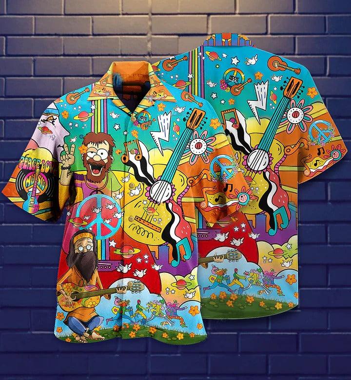 Hippie Aloha Hawaiian Shirt - Hippie Music Guitar Peace Life Color Hawaiian Shirt For Summer - Perfect Gift For Friend, Family - Amzanimalsgift