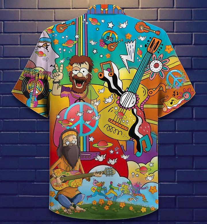 Hippie Aloha Hawaiian Shirt - Hippie Music Guitar Peace Life Color Hawaiian Shirt For Summer - Perfect Gift For Friend, Family - Amzanimalsgift
