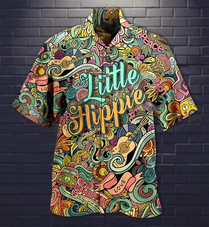 Hippie Aloha Hawaiian Shirt - Hippie Music Love Guitar Peace Life Color Little Hippie Hawaiian Shirt For Summer - Perfect Gift For Friend, Family - Amzanimalsgift