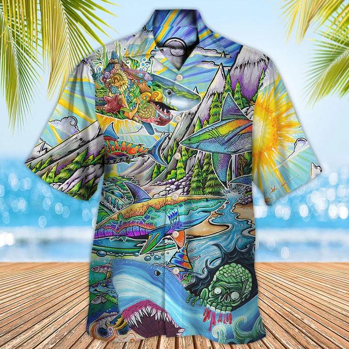 Hippie Aloha Hawaiian Shirt - Hippie Shark Colorful Art Peace Hawaiian Shirt For Summer - Perfect Gift For Friend, Family - Amzanimalsgift