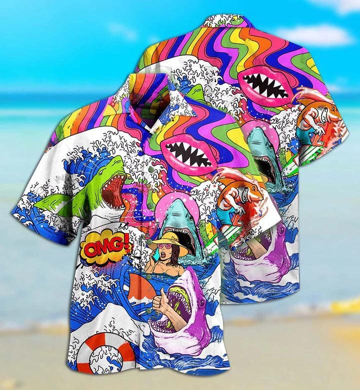 Hippie Aloha Hawaiian Shirt - Hippie Shark Hippie Shark And Girl Hawaiian Shirt For Summer - Perfect Gift For Friend, Family - Amzanimalsgift