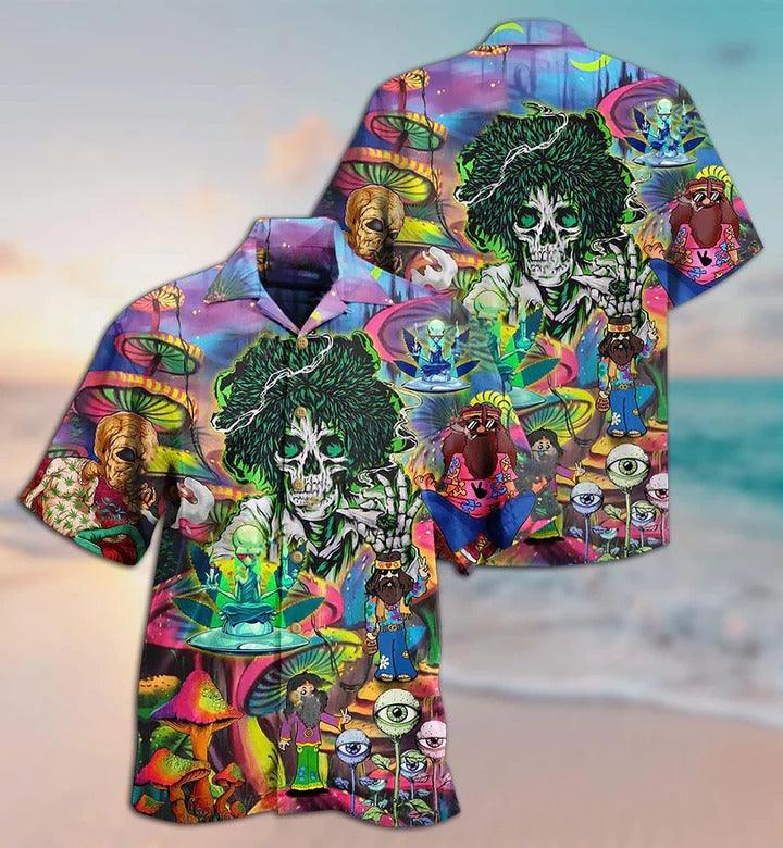 Hippie Aloha Hawaiian Shirt - Hippie Skull Alien Mix Color Hawaiian Shirt For Summer - Perfect Gift For Friend, Family - Amzanimalsgift