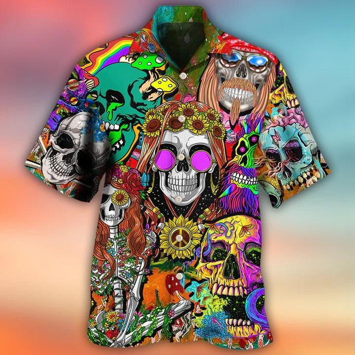Hippie Aloha Hawaiian Shirt - Hippie Skull Colorful Cool Style Hawaiian Shirt For Summer - Perfect Gift For Friend, Family - Amzanimalsgift