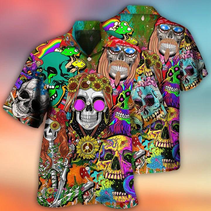 Hippie Aloha Hawaiian Shirt - Hippie Skull Colorful Cool Style Hawaiian Shirt For Summer - Perfect Gift For Friend, Family - Amzanimalsgift